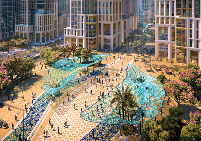 Masar Destination includes a long pedestrian boulevard, hotels and retail areas. 